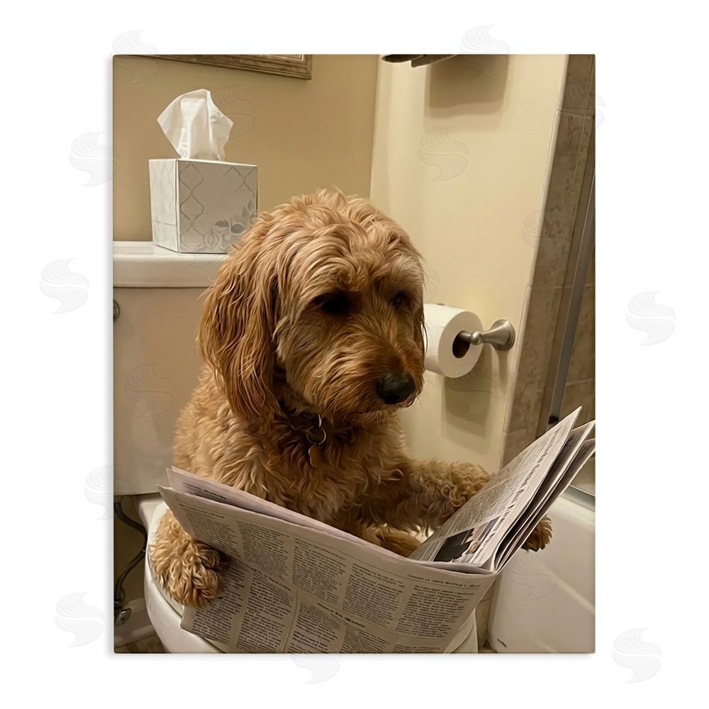 Abigail Walker Dog & Paper on Toilet Stretched Canvas Wall Art