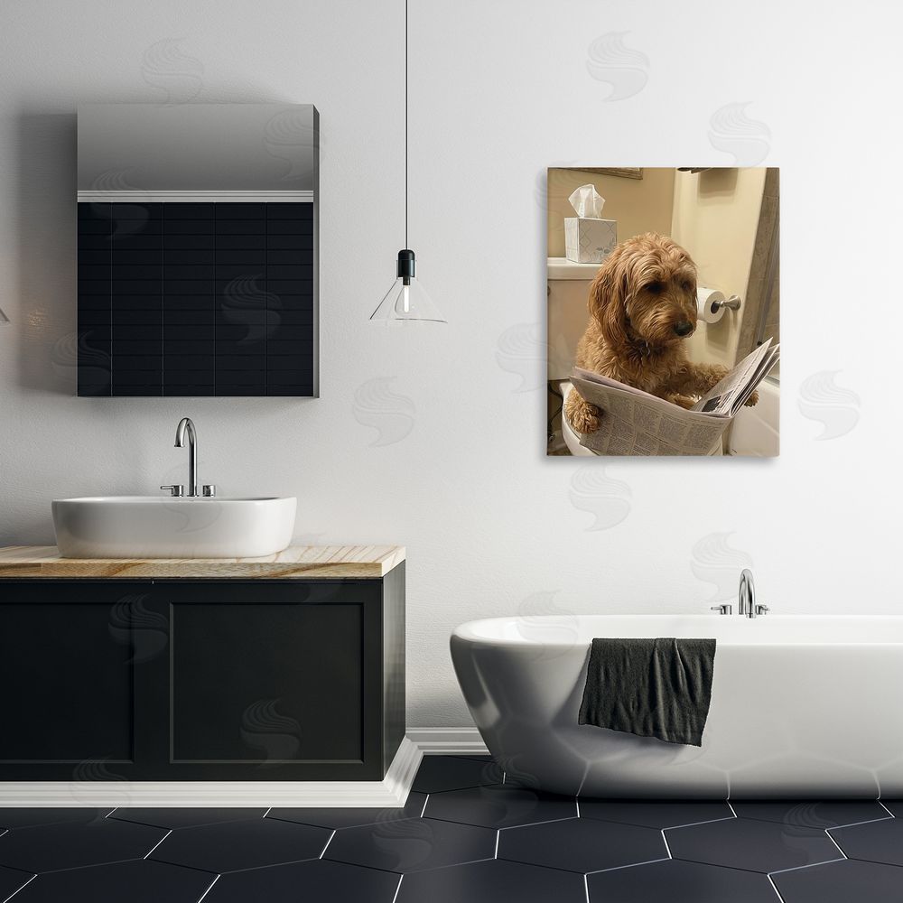 Abigail Walker Dog & Paper on Toilet Stretched Canvas Wall Art in Room