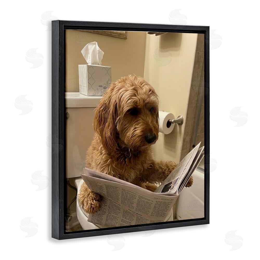 Abigail Walker Dog & Paper on Toilet Black Floating Frame Canvas Wall Art Print