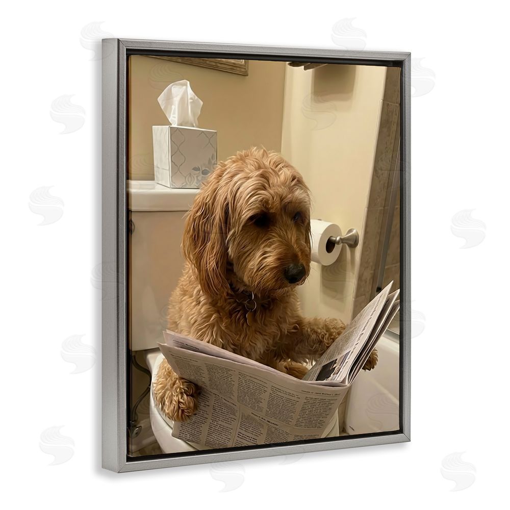 Abigail Walker Dog & Paper on Toilet Gray Floating Frame Canvas Wall Art Print