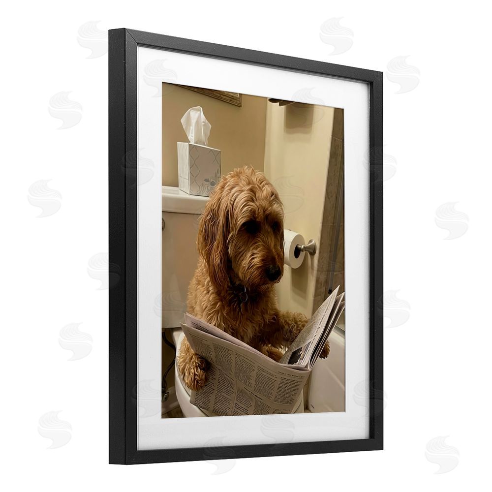 Abigail Walker Dog & Paper on Toilet Black Framed Print Under Glass Wall Art