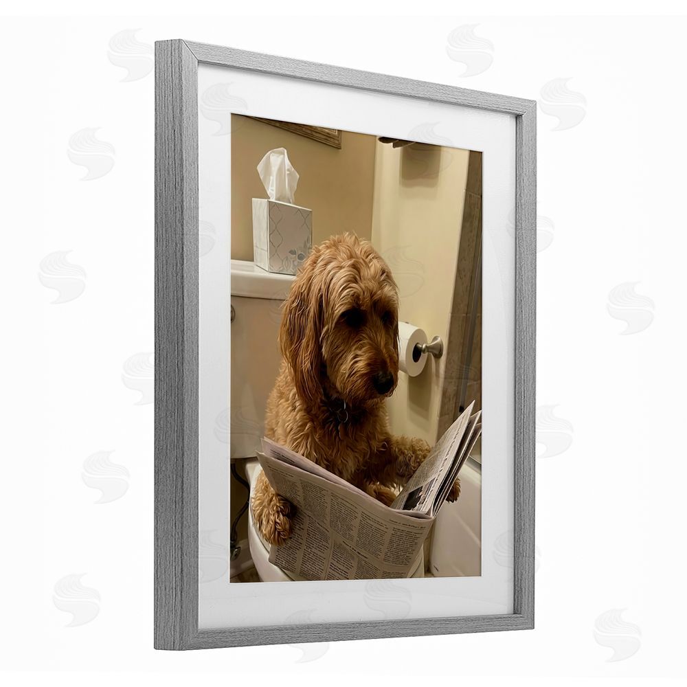 Abigail Walker Dog & Paper on Toilet Gray Framed Print Under Glass Wall Art