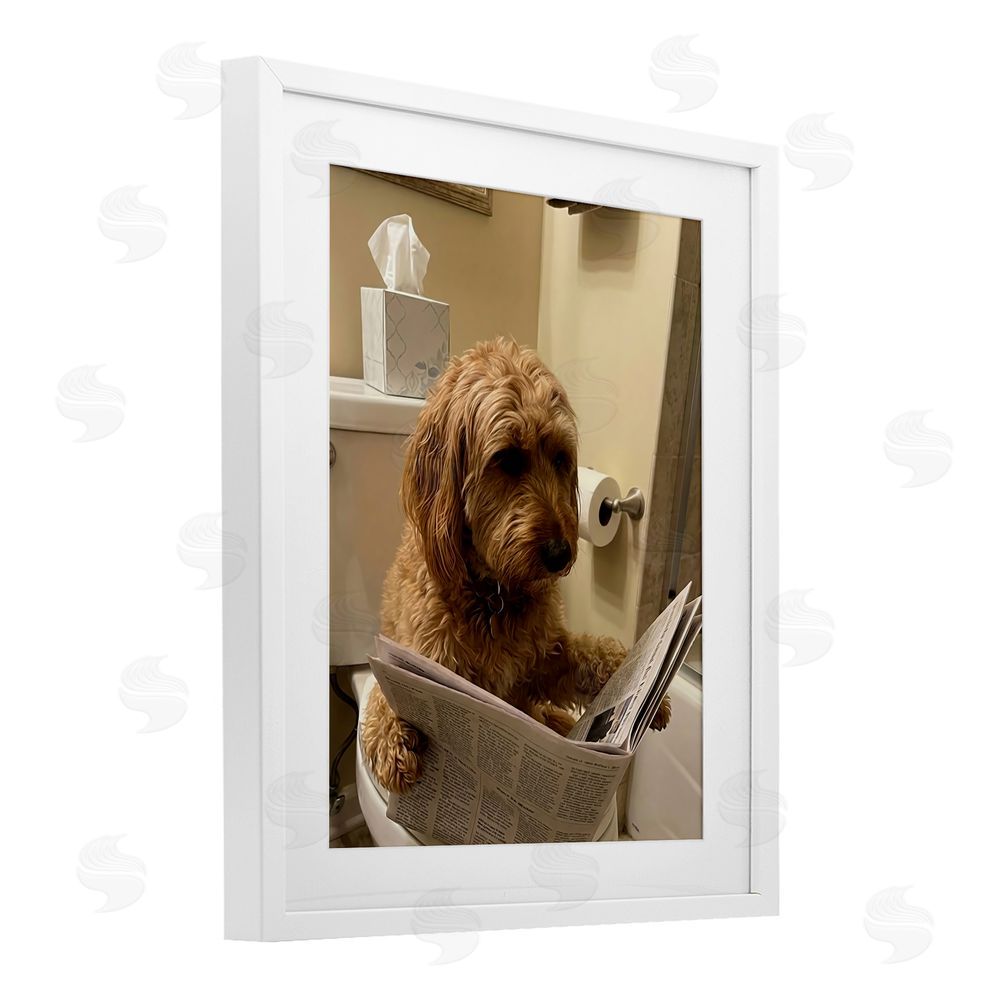 Abigail Walker Dog & Paper on Toilet White Framed Print Under Glass Wall Art