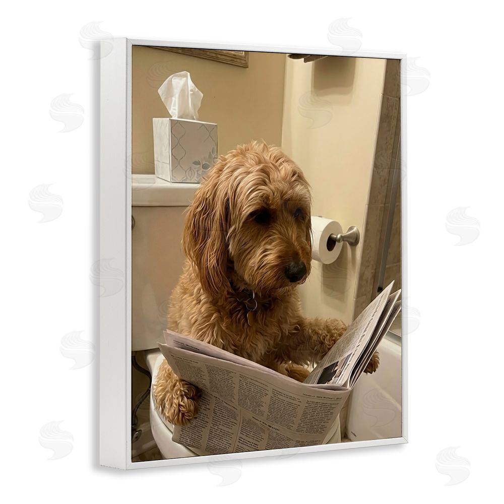 Abigail Walker Dog & Paper on Toilet White Framed Giclee Wall Art Print