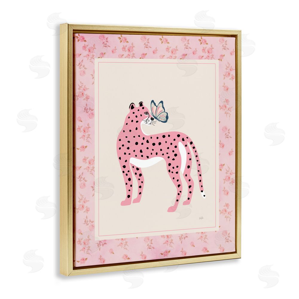 Natalie Carpentieri Cheetah & Butterfly Friendship Gold Floating Frame Stretched Canvas Wall Art Print