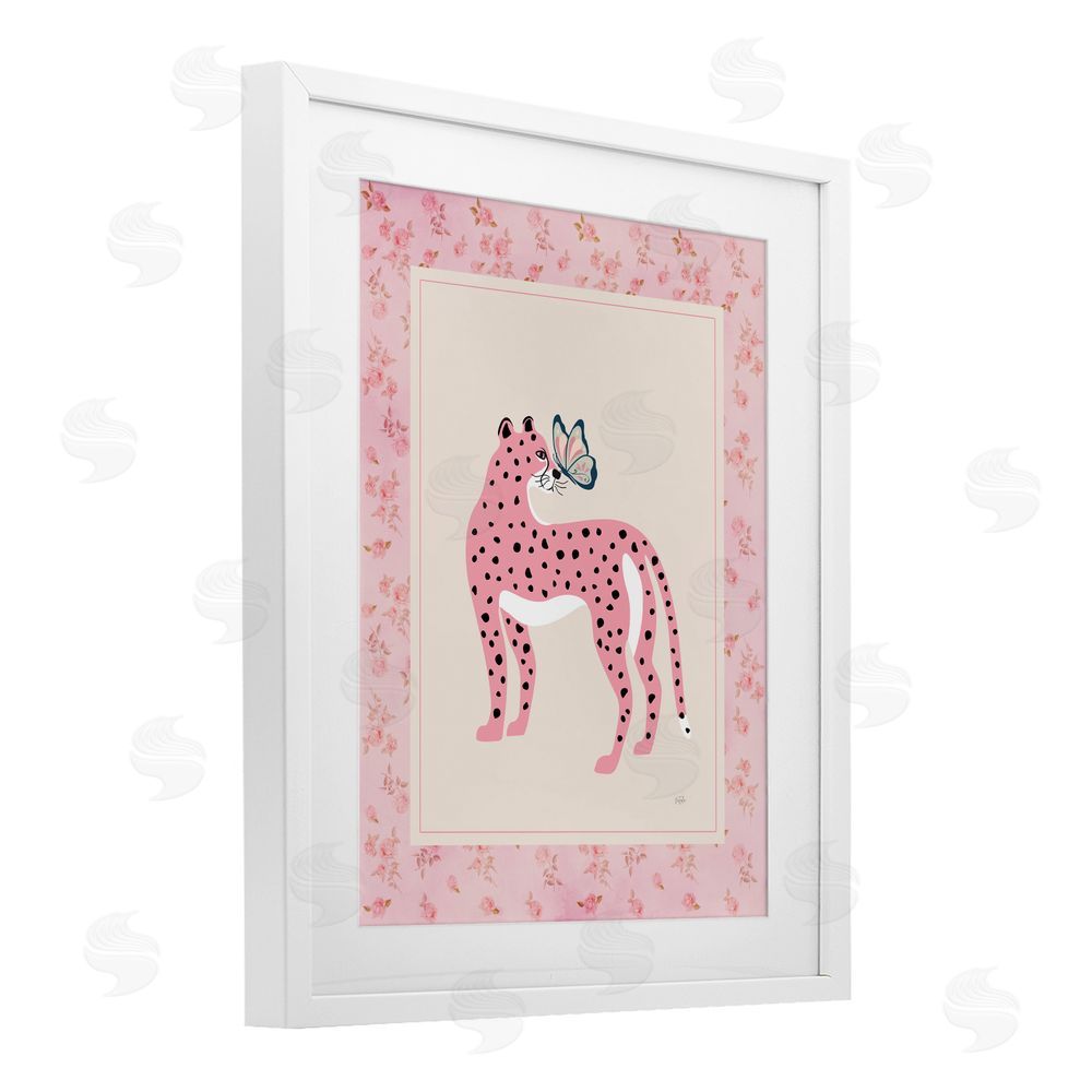 Natalie Carpentieri Cheetah & Butterfly Friendship White Framed Print Under Glass with Matting Wall Art