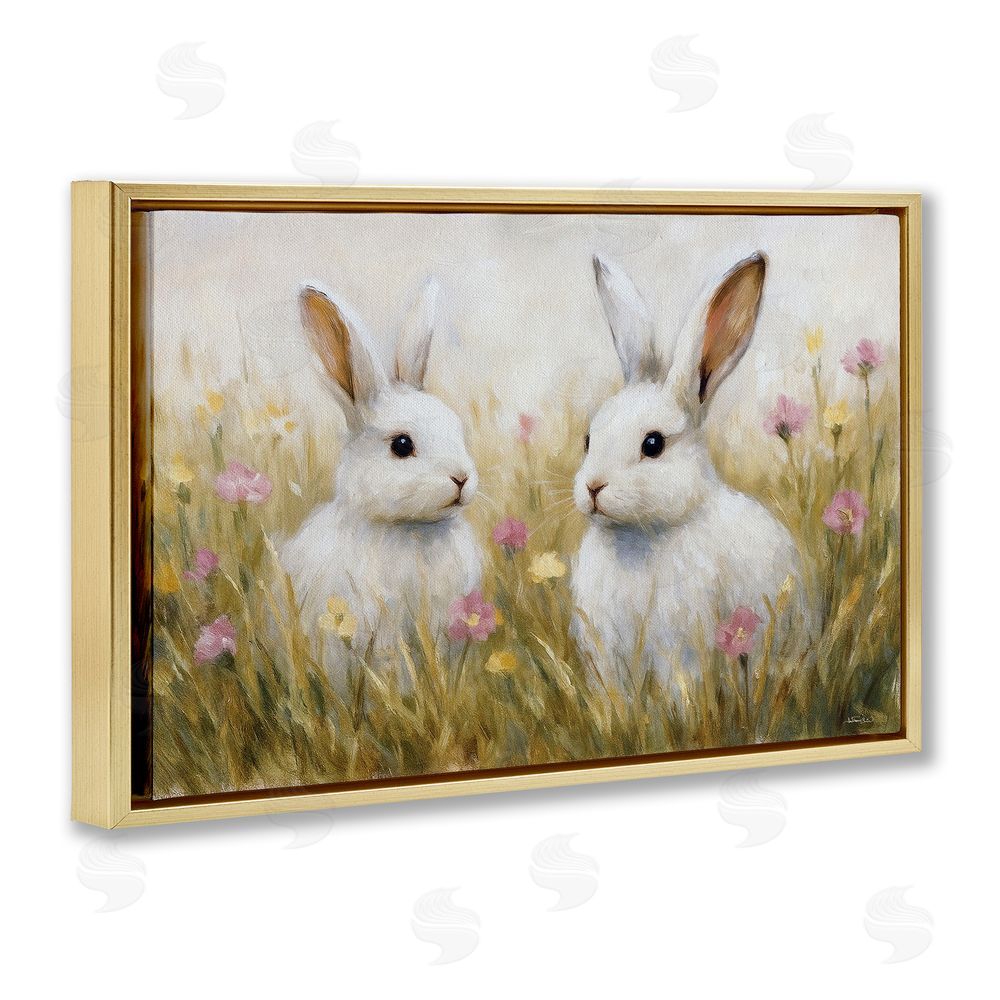 Antony Smith Bunny Pair & Speckled Blooms Gold Floating Frame Canvas Wall Art Print
