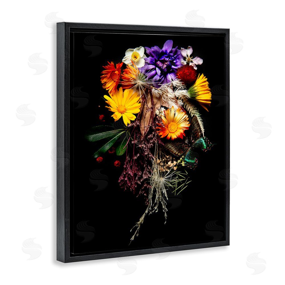 Carl Kravats Butterfly Adorned Arrangement Black Floating Frame Stretched Canvas Wall Art Print