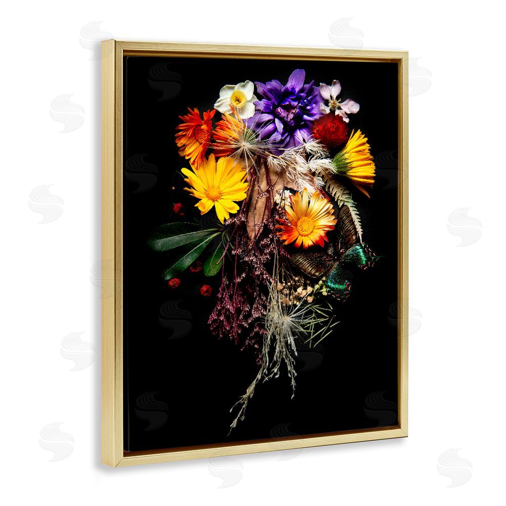 Carl Kravats Butterfly Adorned Arrangement Gold Floating Frame Stretched Canvas Wall Art Print