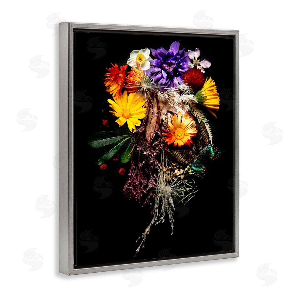 Carl Kravats Butterfly Adorned Arrangement Gray Floating Frame Stretched Canvas Wall Art Print
