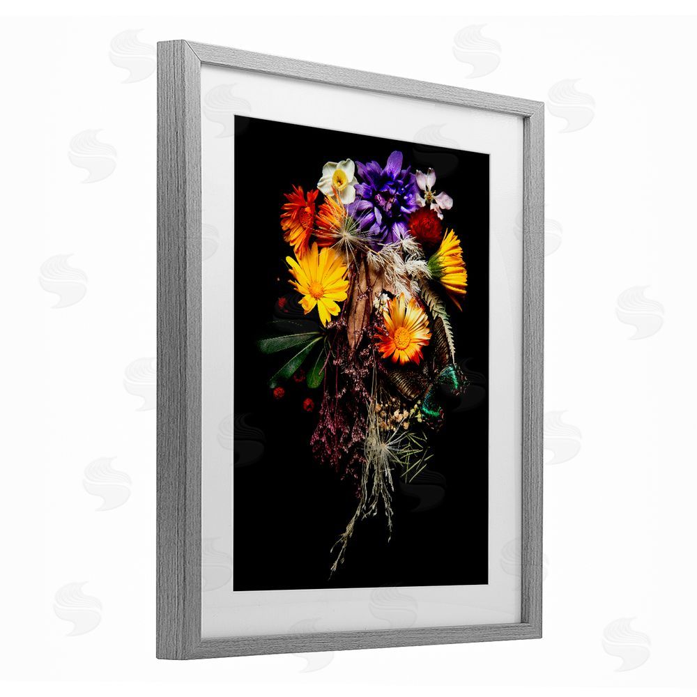 Carl Kravats Butterfly Adorned Arrangement Gray Framed Print Under Glass with Matting Wall Art