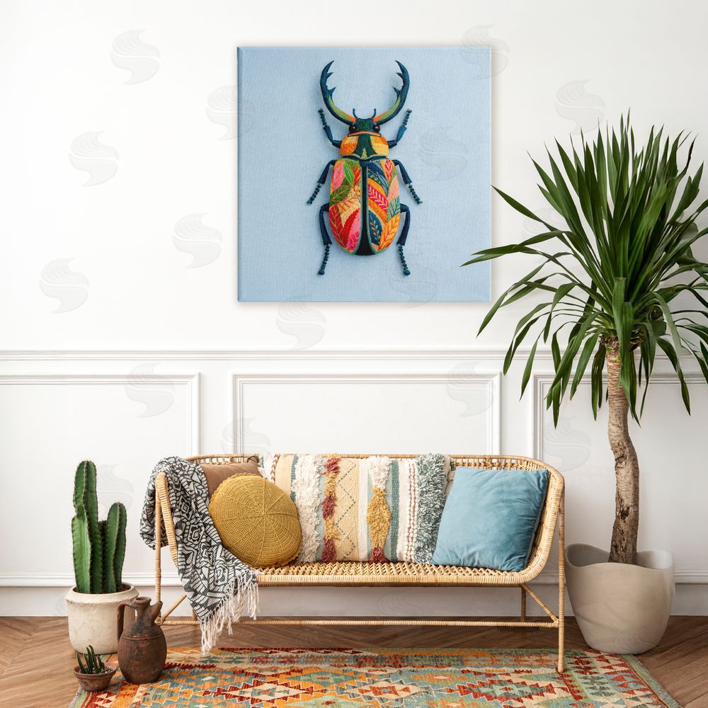 A Barefoot Stylist Beautiful Faux Embroidery Bug Stretched Canvas Wall Art in Room