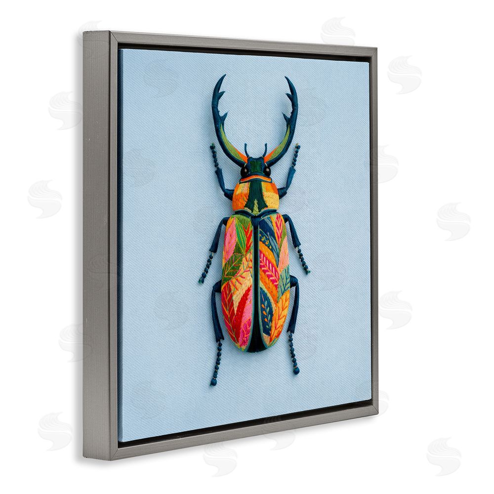A Barefoot Stylist Beautiful Faux Embroidery Bug Gray Floating Frame Canvas Wall Art Print