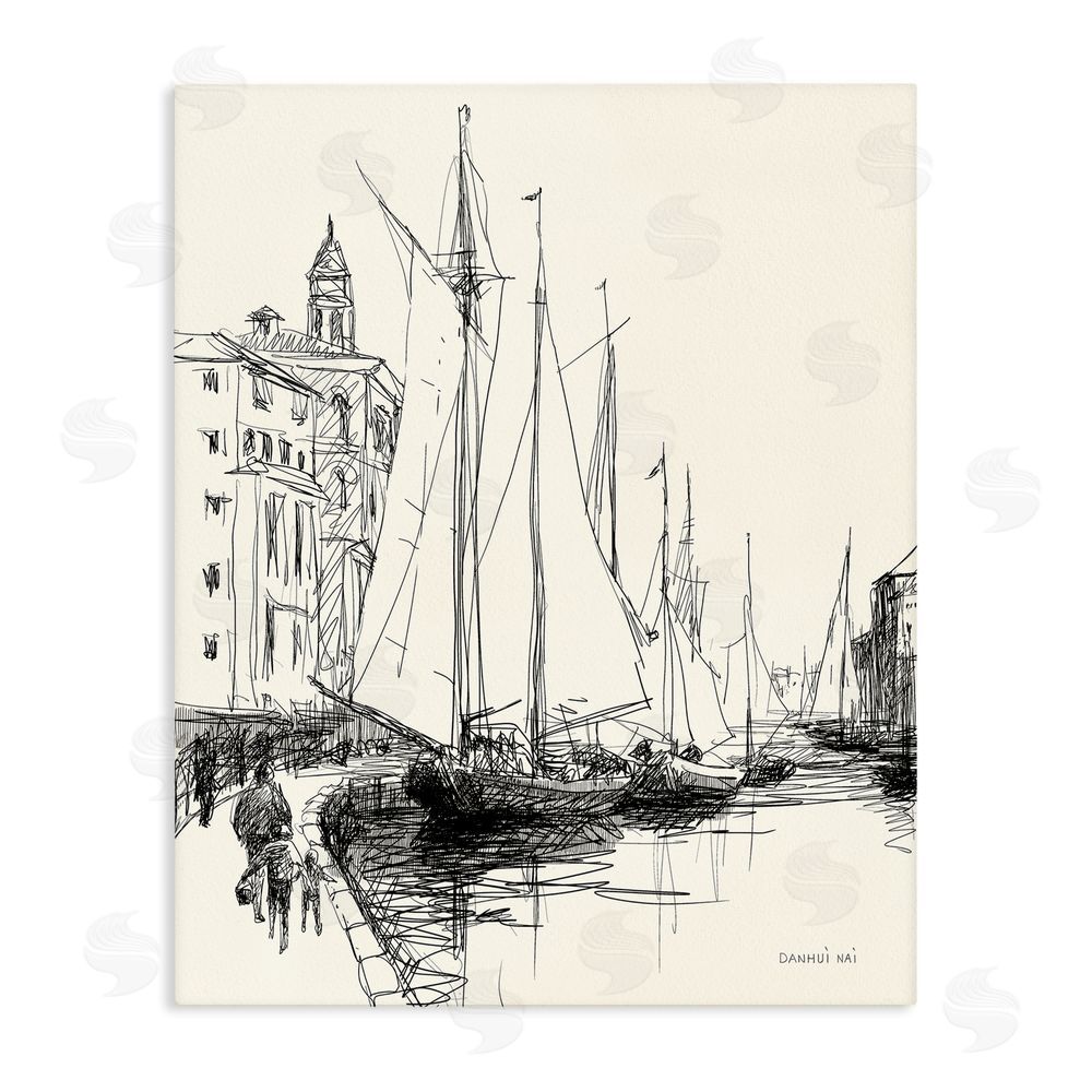 Danhui Nai Coastal Sketch with Sails Stretched Canvas Wall Art Print