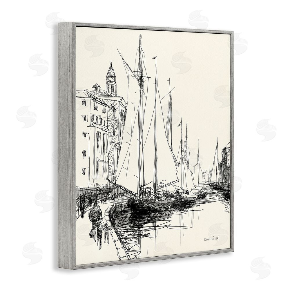 Danhui Nai Coastal Sketch with Sails Gray Framed Giclee Wall Art Print