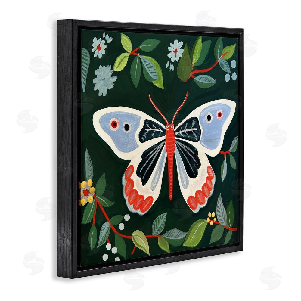 Morgan Birch Butterfly Among Vibrant Green Leaves Black Floating Frame Canvas Wall Art Print