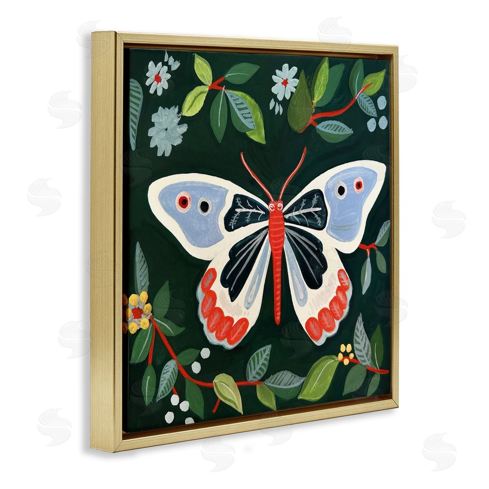 Morgan Birch Butterfly Among Vibrant Green Leaves Gold Floating Frame Canvas Wall Art Print