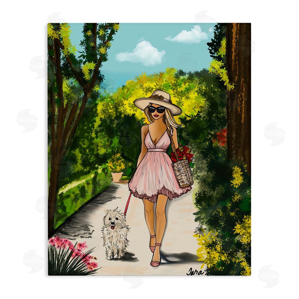 Tara Boone Garden Girl Strolling with Pup Stretched Canvas Wall Art