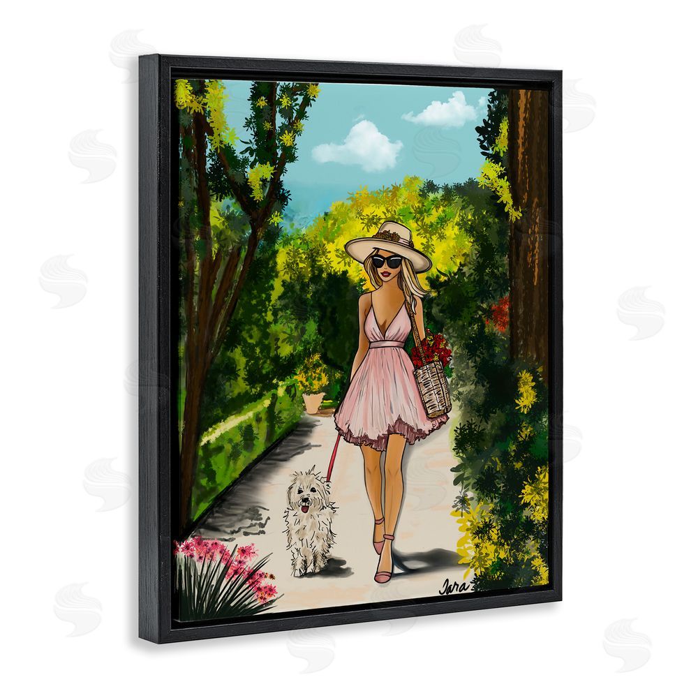 Tara Boone Garden Girl Strolling with Pup Black Floating Framed Canvas Wall Art