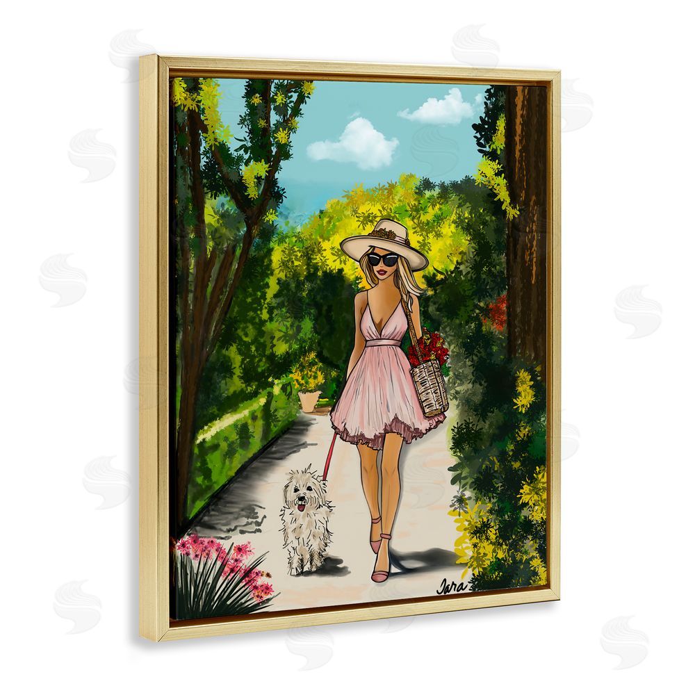 Tara Boone Garden Girl Strolling with Pup Gold Floating Framed Canvas Wall Art