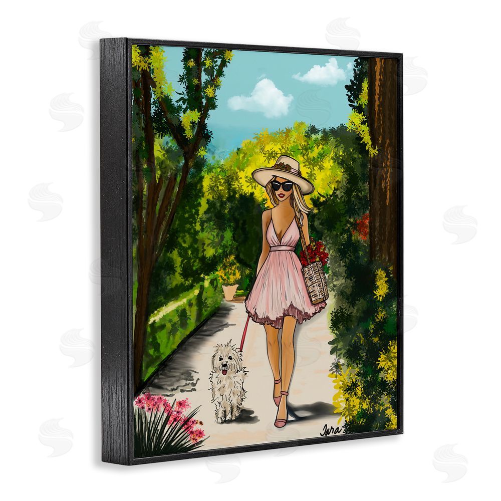 Tara Boone Garden Girl Strolling with Pup Black Framed Giclee Wall Art