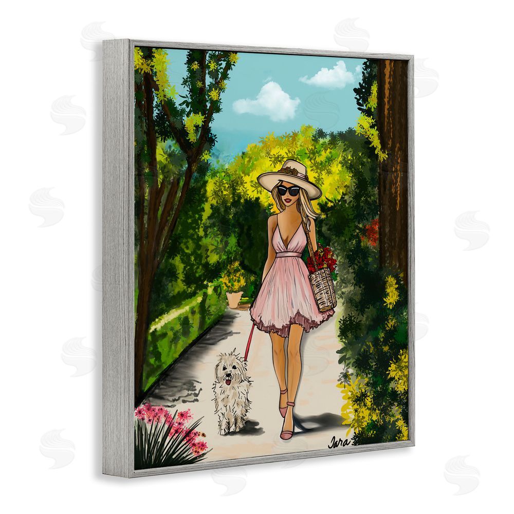 Tara Boone Garden Girl Strolling with Pup Gray Framed Giclee Wall Art