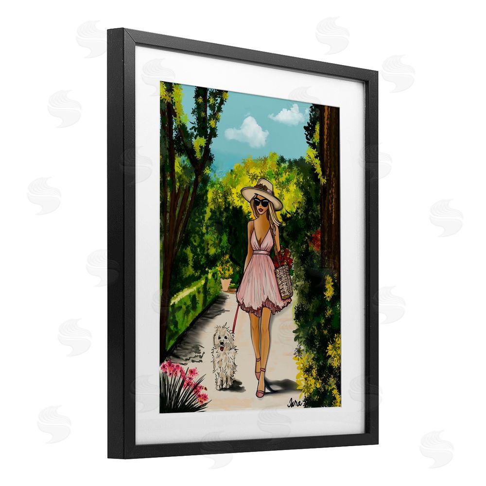 Tara Boone Garden Girl Strolling with Pup Black Framed Print Under Glass Wall Art