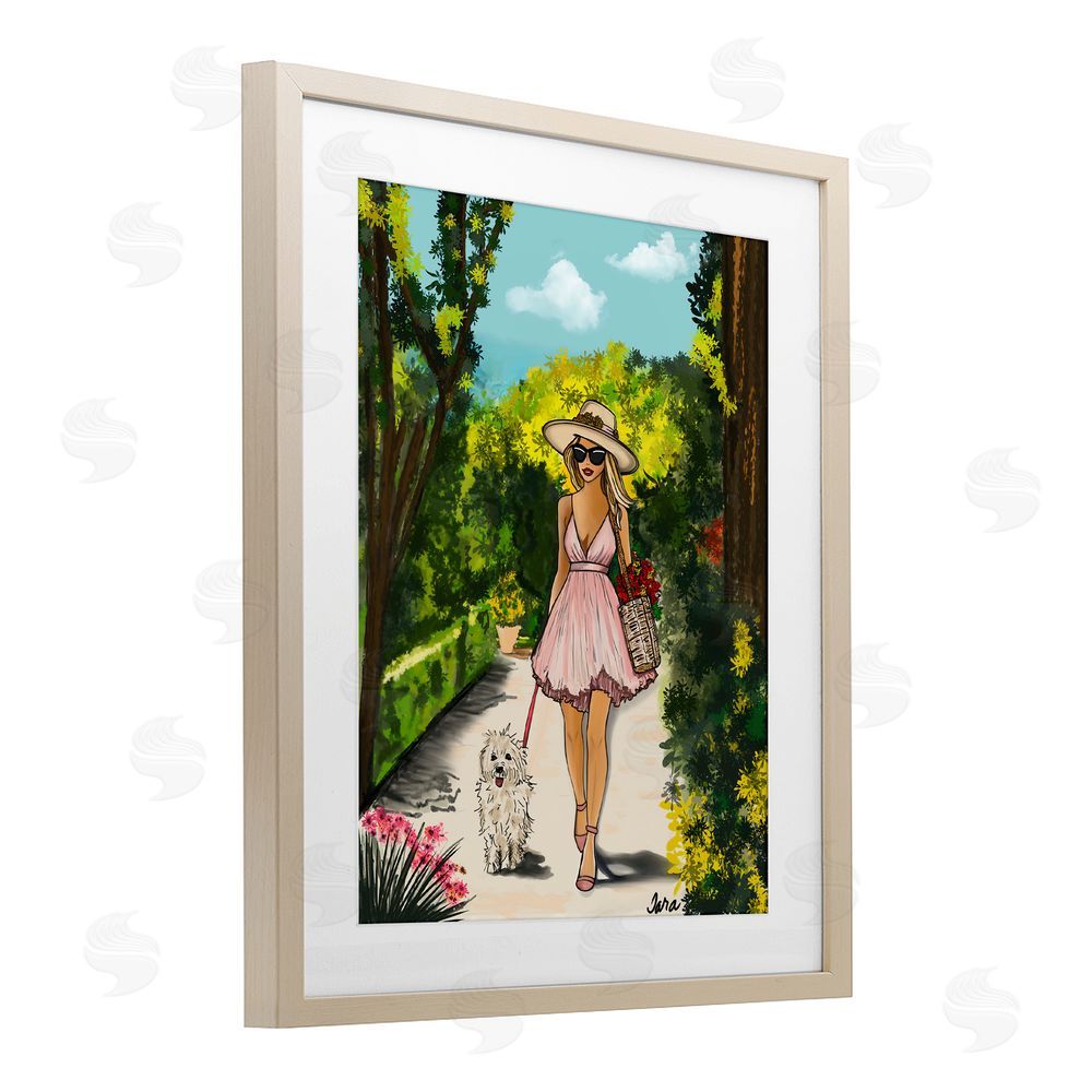 Tara Boone Garden Girl Strolling with Pup Brown Framed Print Under Glass Wall Art