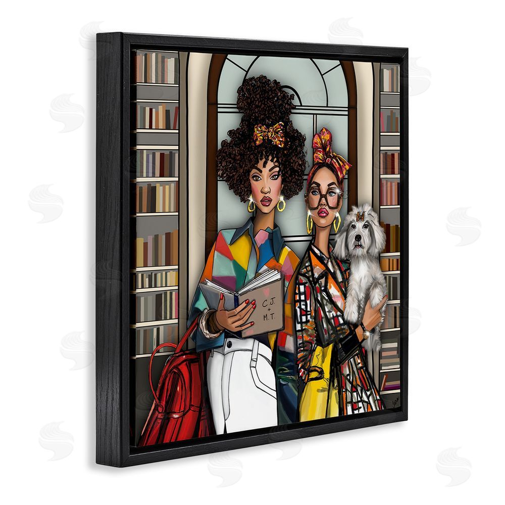 Tara Boone Bookish Girls at Library Black Floating Frame Stretched Canvas Wall Art Print