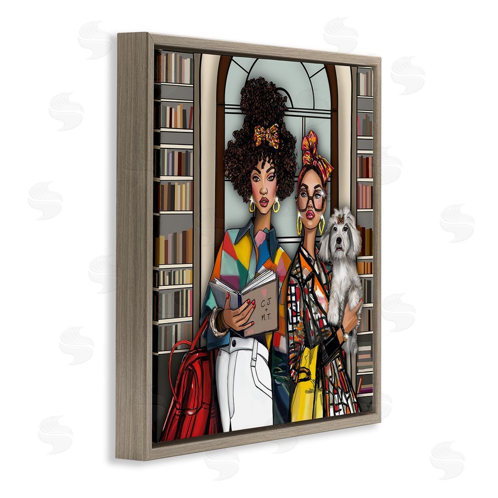 Tara Boone Bookish Girls at Library Brown Floating Frame Stretched Canvas Wall Art Print