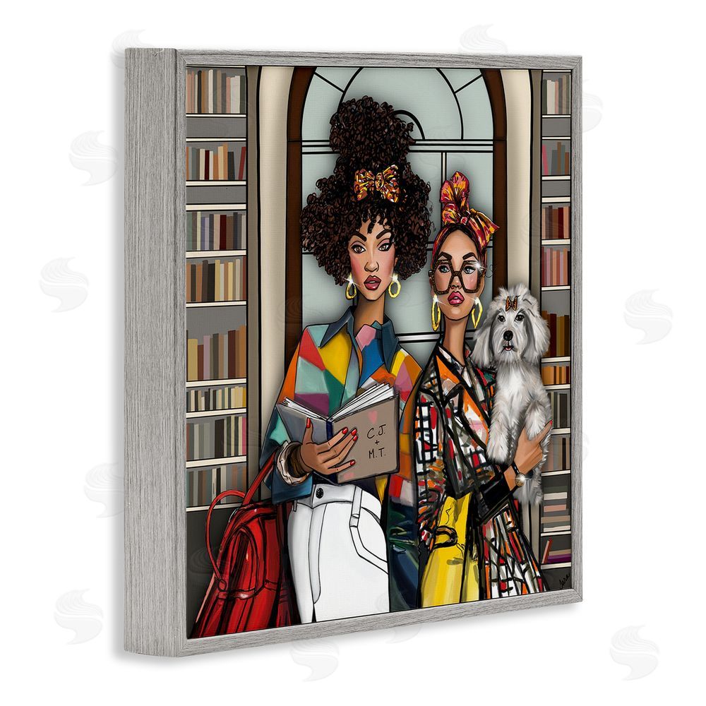 Tara Boone Bookish Girls at Library Gray Framed Giclee Wall Art Print