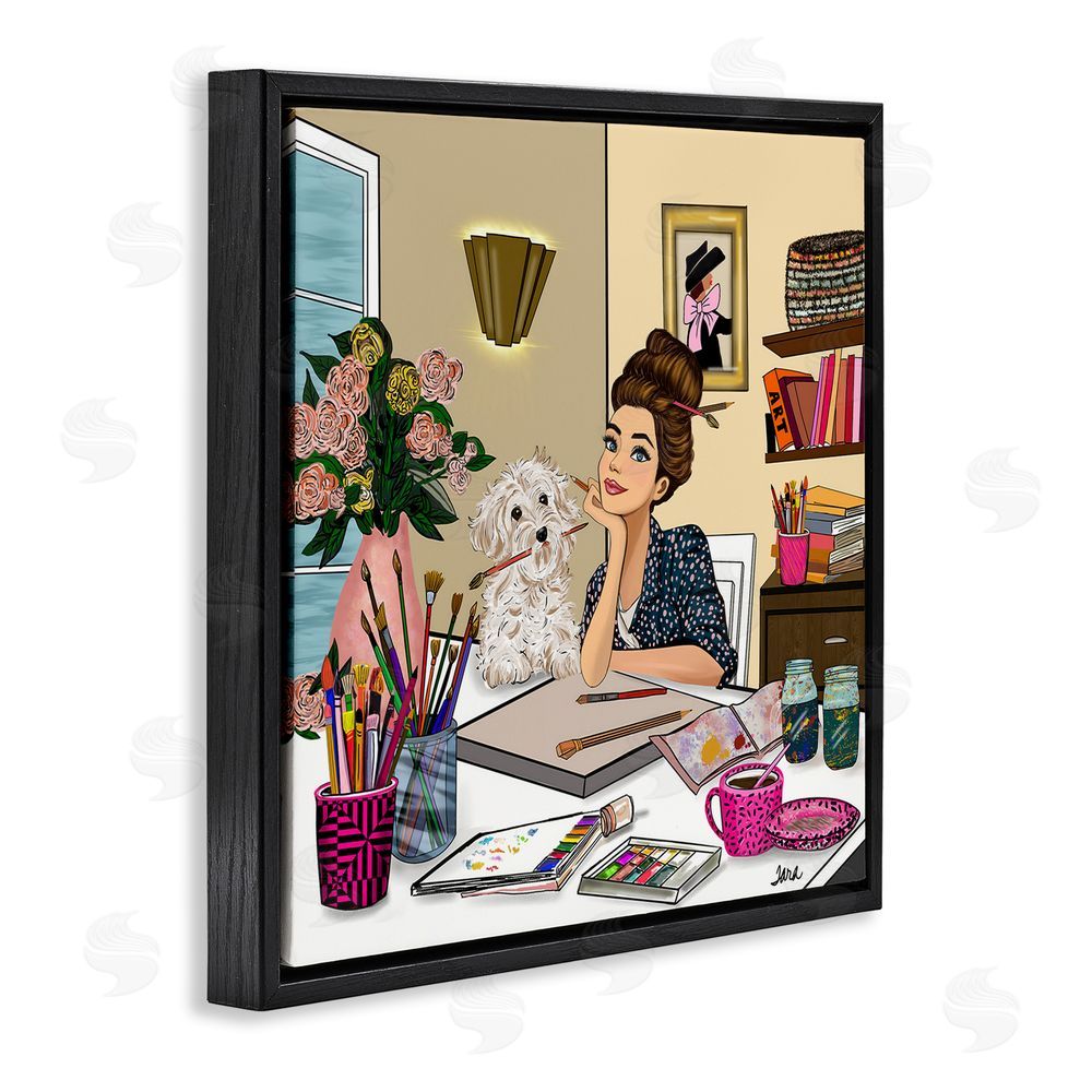 Tara Boone Creative Art Girl at Desk Black Floating Frame Canvas Wall Art Print