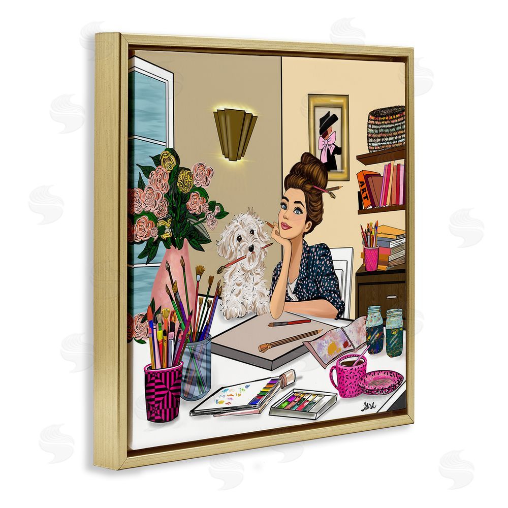 Tara Boone Creative Art Girl at Desk Gold Floating Frame Canvas Wall Art Print