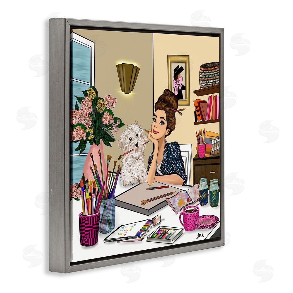Tara Boone Creative Art Girl at Desk Gray Floating Frame Canvas Wall Art Print