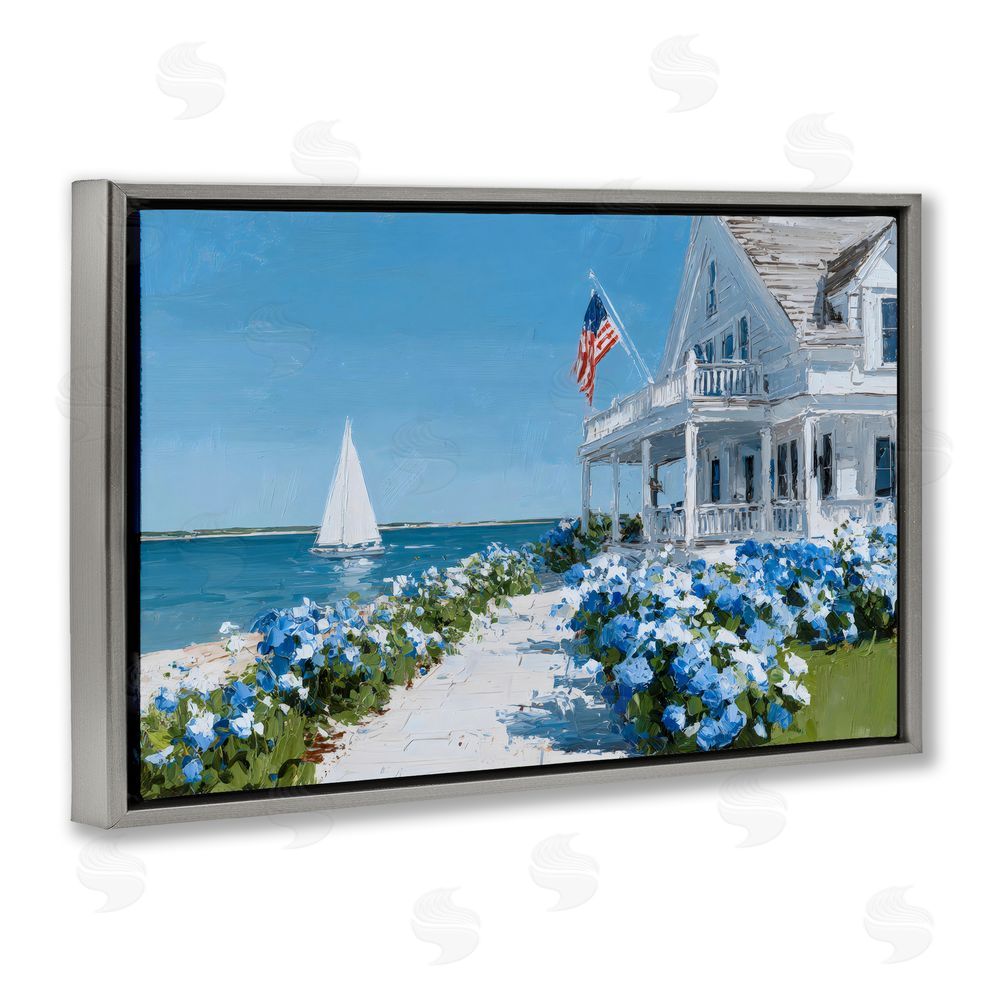 Petals Prints Design Coastal Cottage Hydrangeas by Sea Gray Floating Frame Canvas Wall Art Print