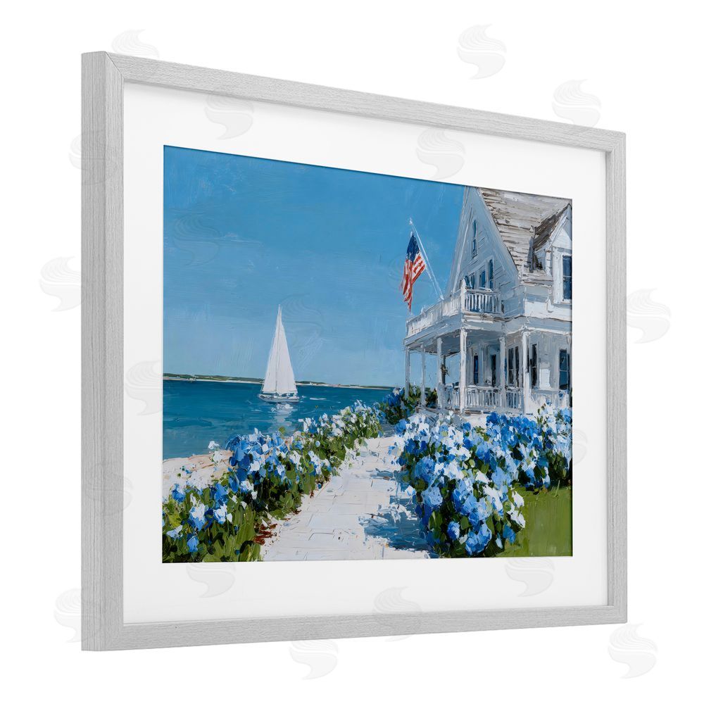 Petals Prints Design Coastal Cottage Hydrangeas by Sea Gray Framed Print Under Glass Wall Art