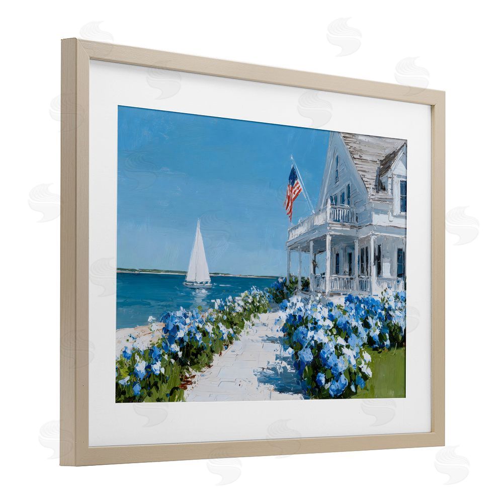 Petals Prints Design Coastal Cottage Hydrangeas by Sea Brown Framed Print Under Glass Wall Art