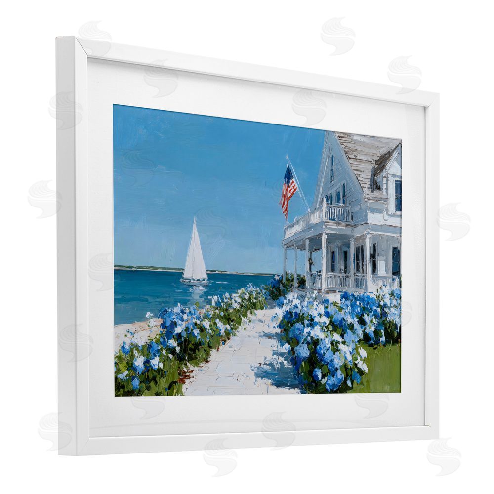 Petals Prints Design Coastal Cottage Hydrangeas by Sea White Framed Print Under Glass Wall Art