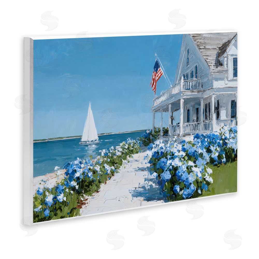 Petals Prints Design Coastal Cottage Hydrangeas by Sea Wooden Wall Plaque Art Print