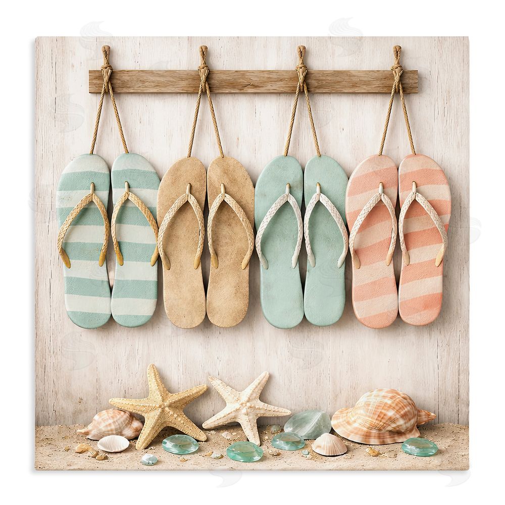 Tom Crehan Beach Flip Flops & Seashells Stretched Canvas Wall Art Print