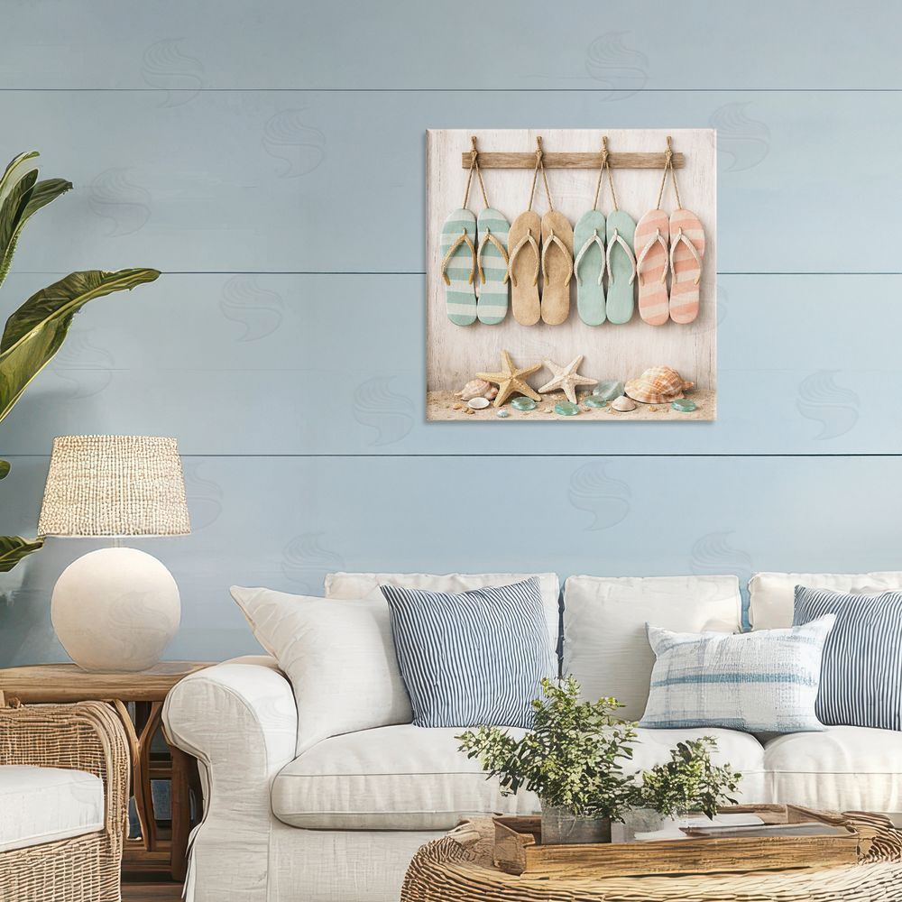 Tom Crehan Beach Flip Flops & Seashells Stretched Canvas Wall Art in Room