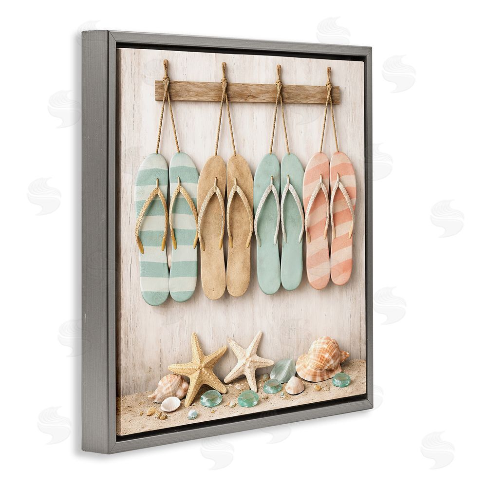Tom Crehan Beach Flip Flops & Seashells Gray Floating Frame Canvas Wall Art Print