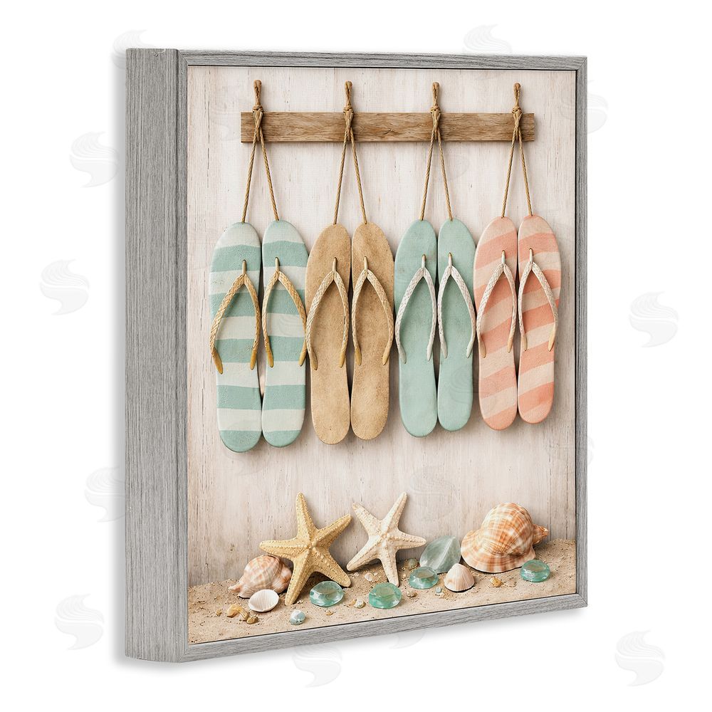 Tom Crehan Beach Flip Flops & Seashells Gray Framed Giclee Wall Art Print