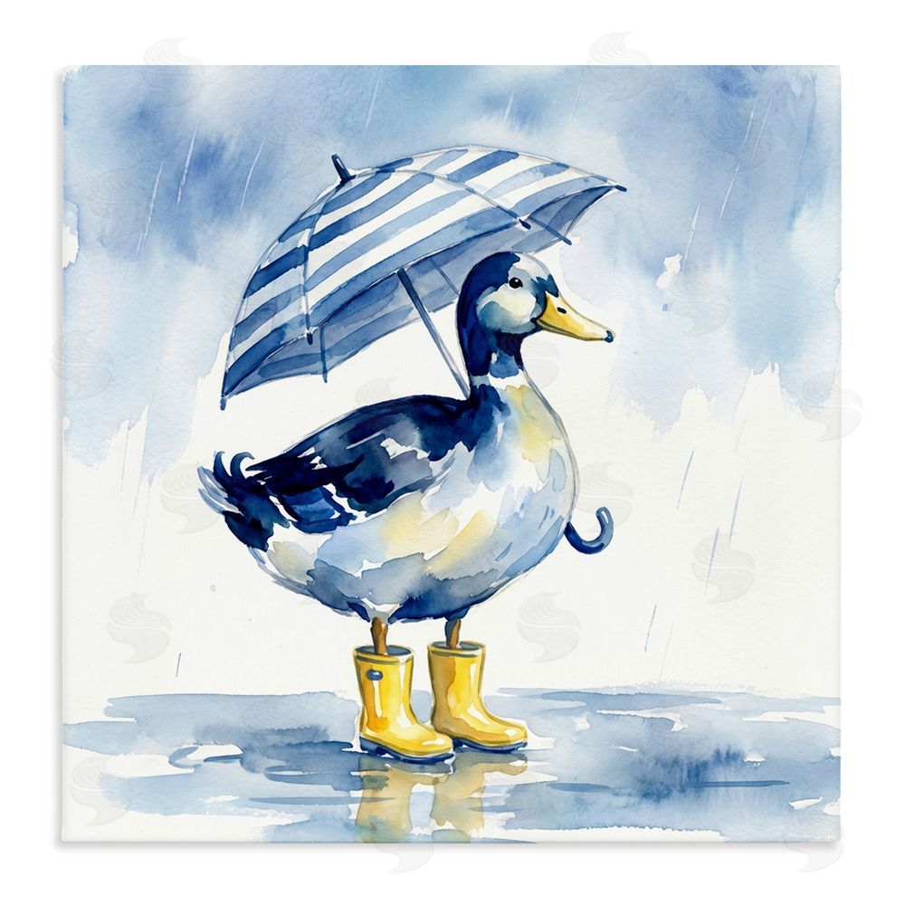 Imagine It Images Blue Duck with Yellow Rain Boots Stretched Canvas Wall Art Print