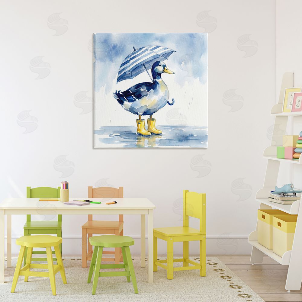 Imagine It Images Blue Duck with Yellow Rain Boots Stretched Canvas Wall Art in Room