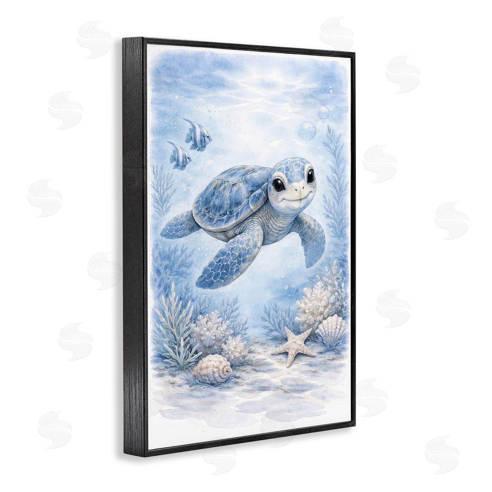 Tom Crehan Baby Blue Sea Turtle Black Framed Giclee Wall Art Print