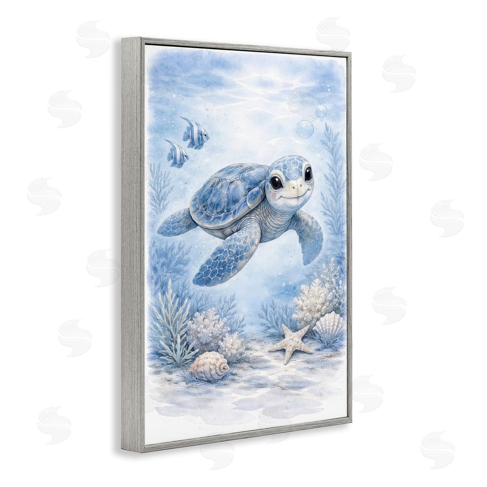 Tom Crehan Baby Blue Sea Turtle Gray Framed Giclee Wall Art Print