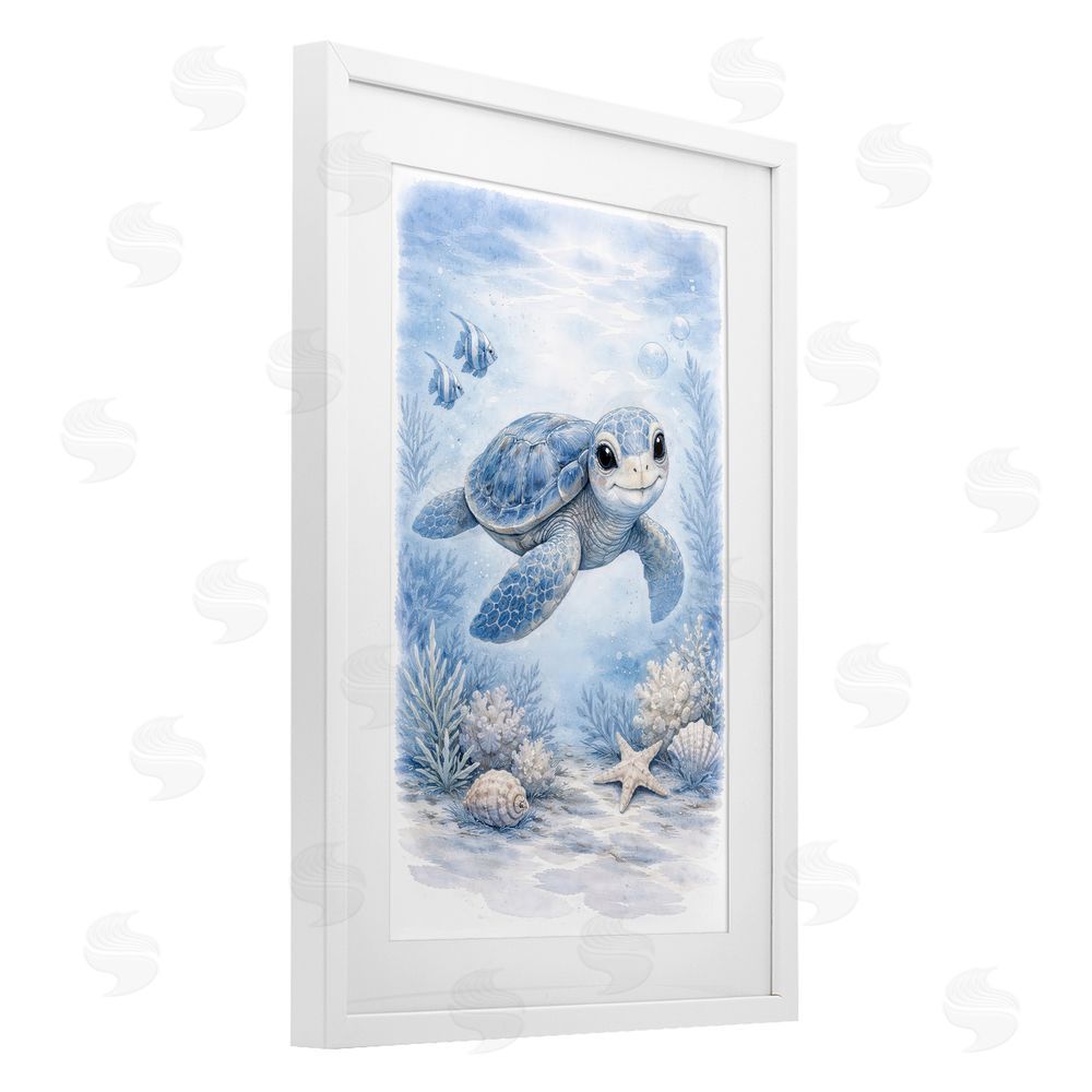 Tom Crehan Baby Blue Sea Turtle White Framed Print Under Glass Wall Art