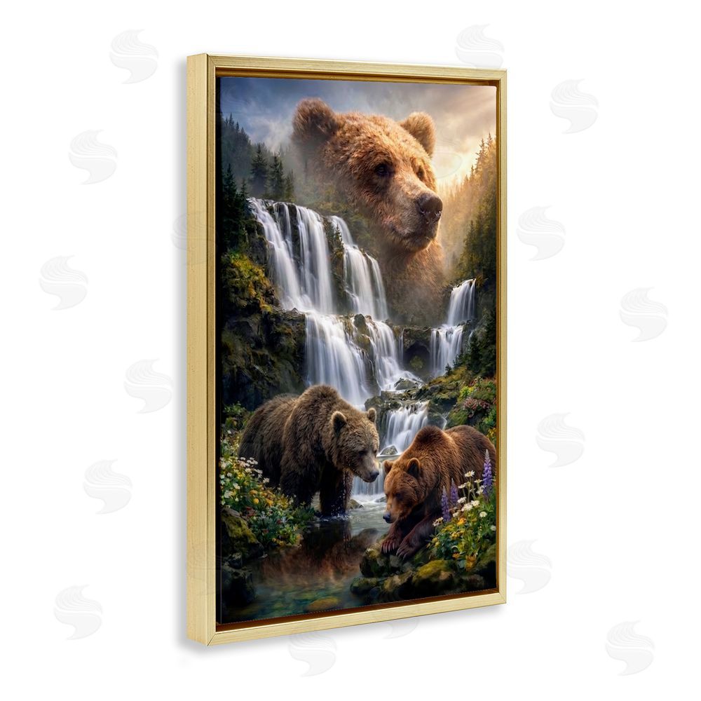 Sean McKinney Bear Overlook At Waterfall Gold Floating Frame Canvas Wall Art Print