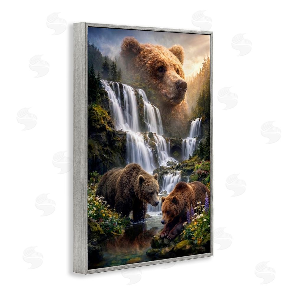 Sean McKinney Bear Overlook At Waterfall Gray Framed Giclee Wall Art Print